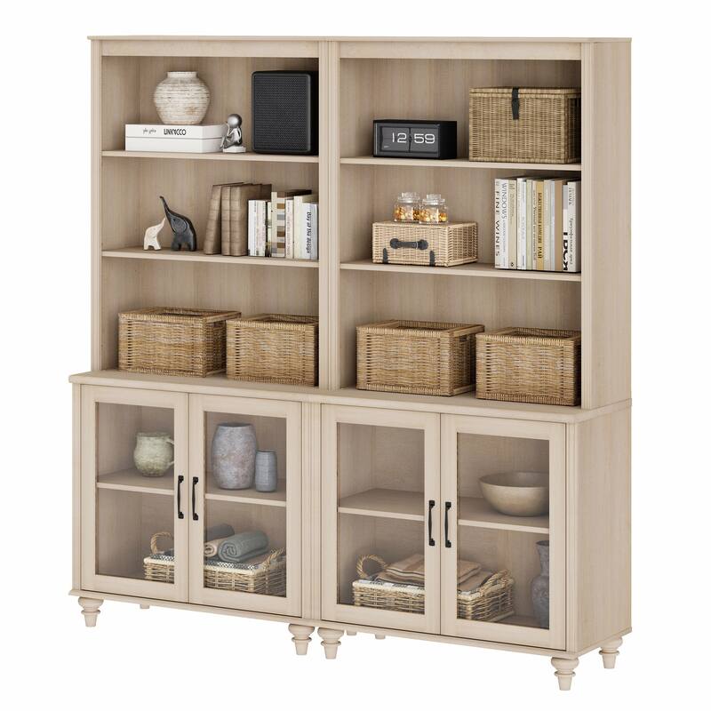 Light Beige Bookcase with Doors, Large Wood Farmhouse Book Case Shelf