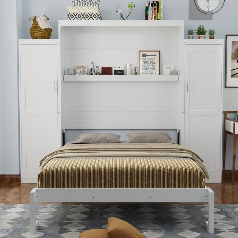 Full Size Foldable Murphy Bed with 2 Wardrobes and Storage Shelf, Space-Saving Platform Bedframe for Guest Room, White