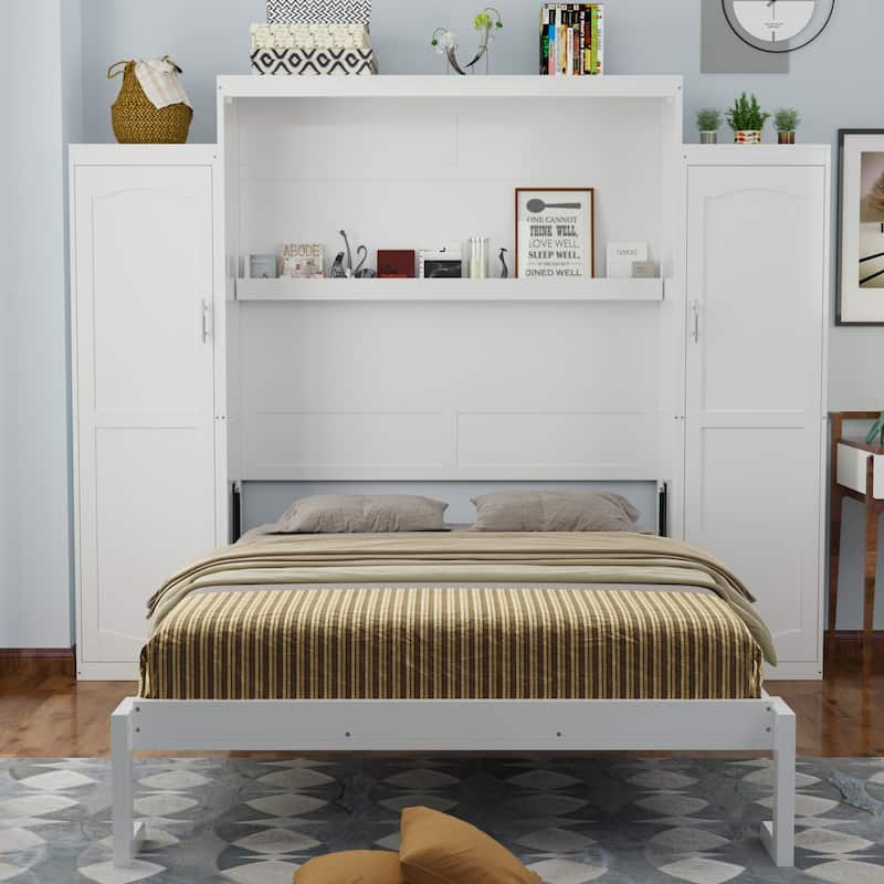 Full Size Murphy Bed with Two Wardrobe and Storage Shelf