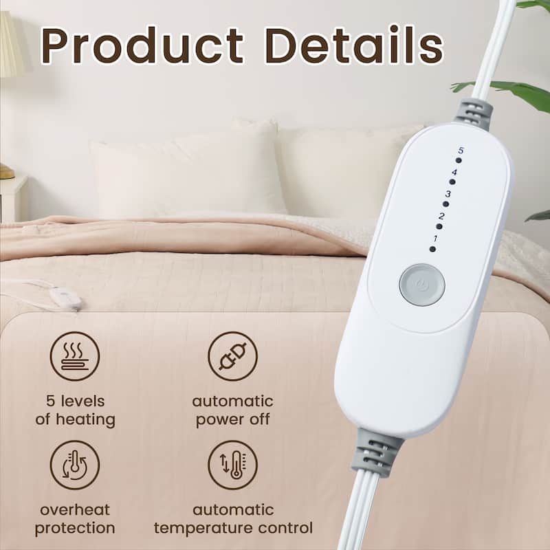 Flannel and Sherpa Fleece Throw Heated Blanket with a Controller