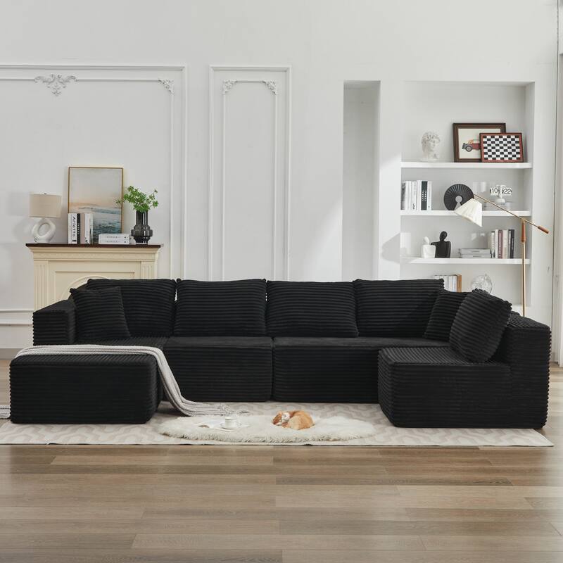 Modular Sectional Sofa with L-Shape Chaise, Oversized Corduroy Upholstered Cloud Sofa, Deep Seat Sofa with 2 Throw Pillows