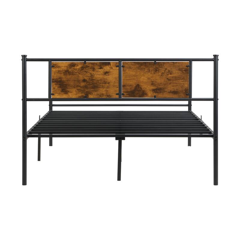 Queen Size Metal Bedframe, Headboard with Wood Panel Decoration