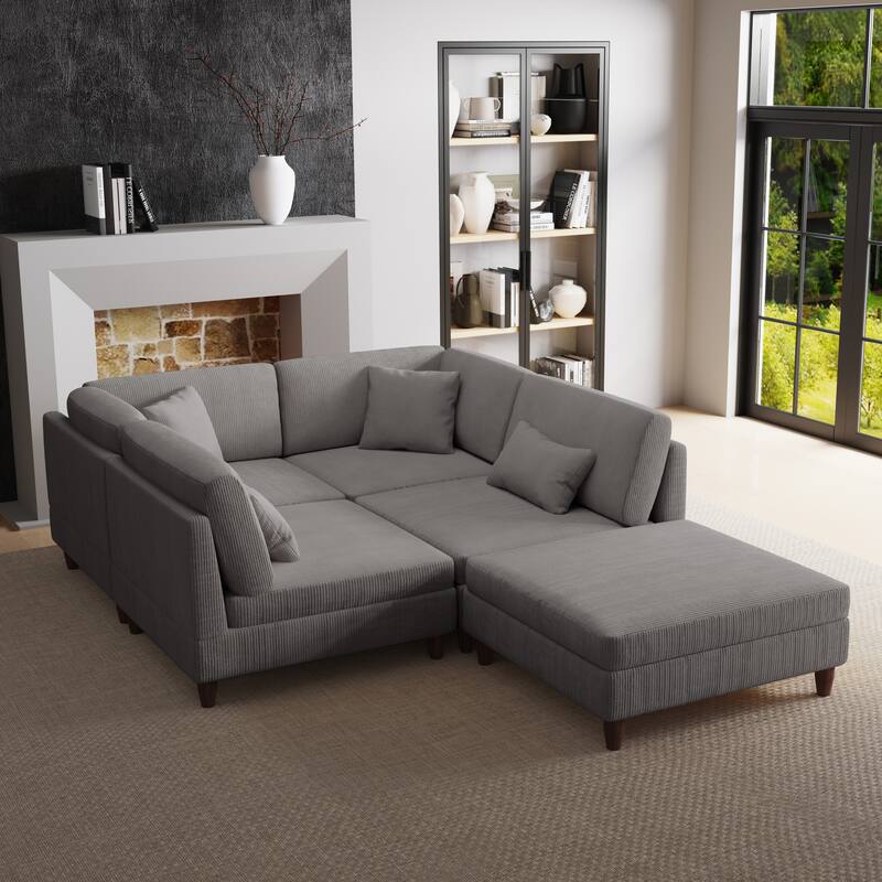 Corduroy Modular Sectional Sofa Set With Ottoman