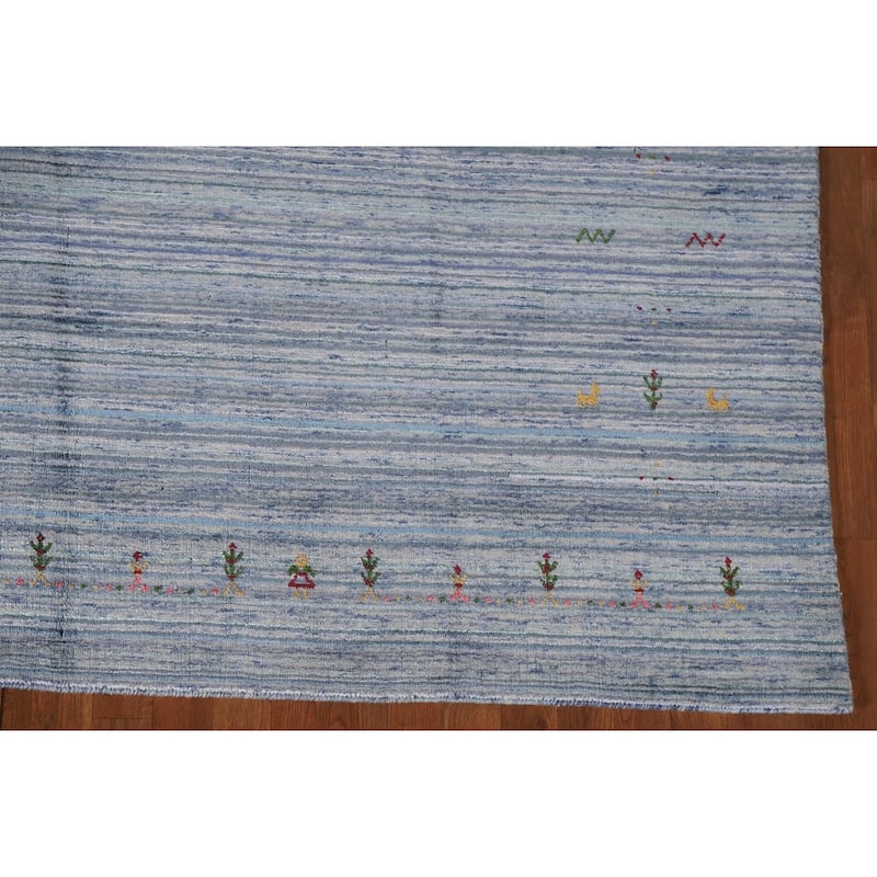 Striped Blue Gabbeh Oriental Area Rug Handmade Wool Carpet - 7'9"x 9'7"