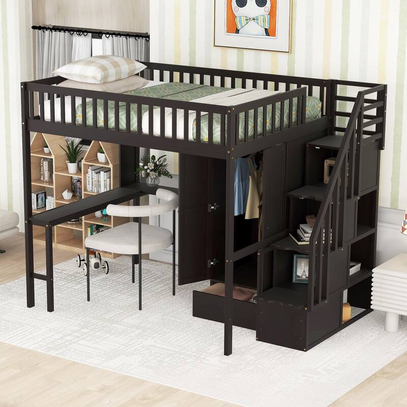 Loft Bed with Bookshelf,Drawers,Desk,and Wardrobe