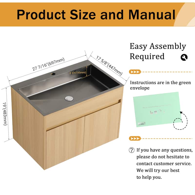  ﻿Malwee 28" Floating Bathroom Vanity, Wall Mounted Bathroom Vanity with Stainless Steel Sink and Flexible Drain Pipe