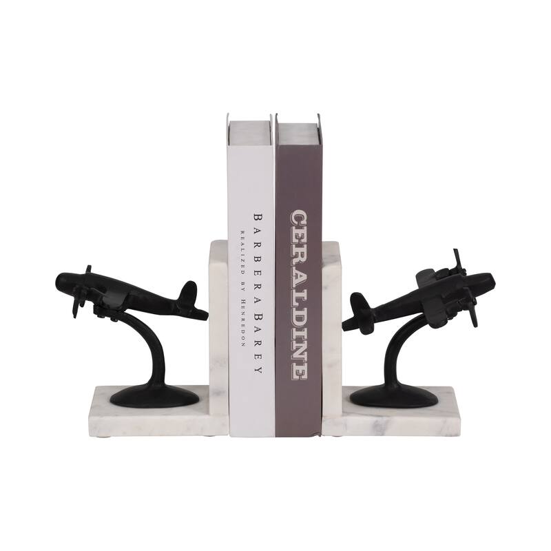 Decorative Airplane Bookends on Marble L-Shape Base - 6", Black &White - 6.25"