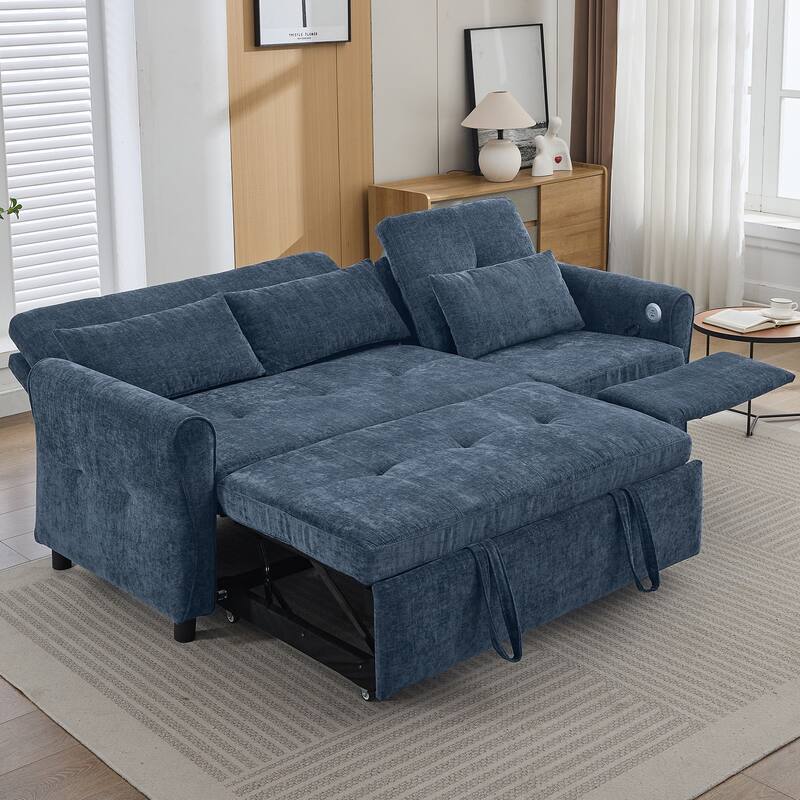 82″ Chenille 2-in-1 Sofa Bed with Adjustable Backrest, Reversible Chaise & USB Ports