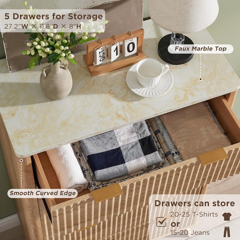Modern Fluted 5 Drawers Dresser, Chest of Drawers, Dresser TV Stand