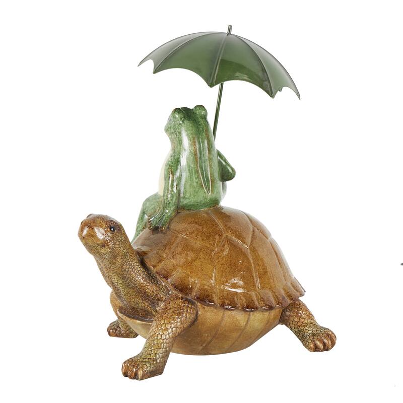 Bronze Resin Sitting Frog Decorative Sculpture with Umbrella and Brown Walking Turtle