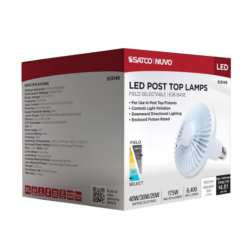 40/30/20W LED HID Replacement 3K/4K/5K CCT Ballast Bypass Medium Base 120-277 - White