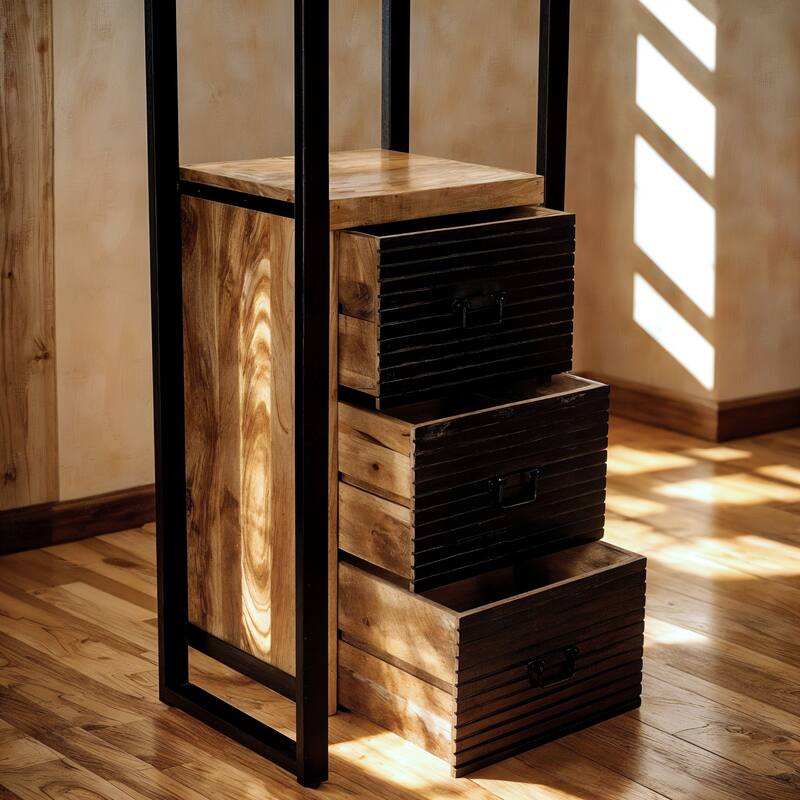 79" Industrial Mango Wood Bookshelf with Drawers and Shelves