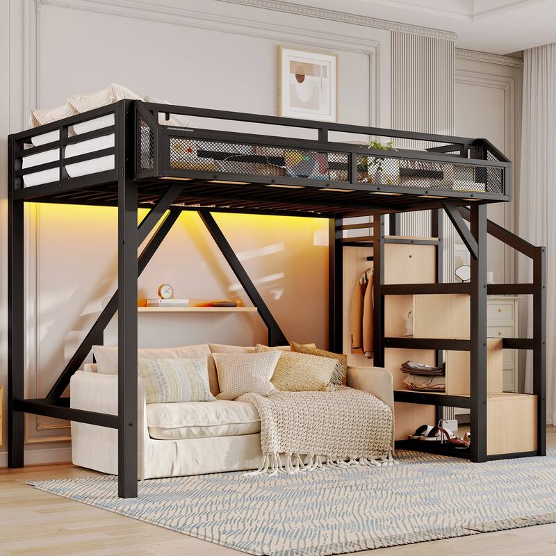 Noise-reduced Design Metal Loft Bed Frame with Storage Stairs, Shelves, Built-in Wardrobe, Light Strip and Charging Station