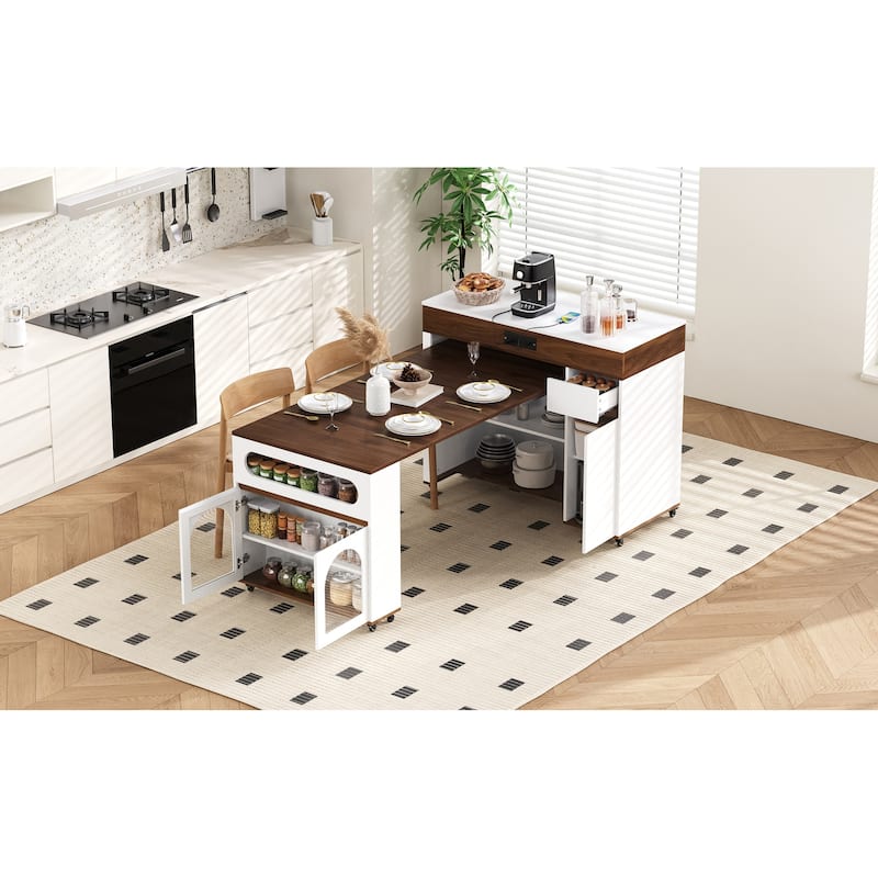 Rolling Kitchen Island with Extendable Table, Drawers, Power Outlet and Brake lock, Storage Cabinet