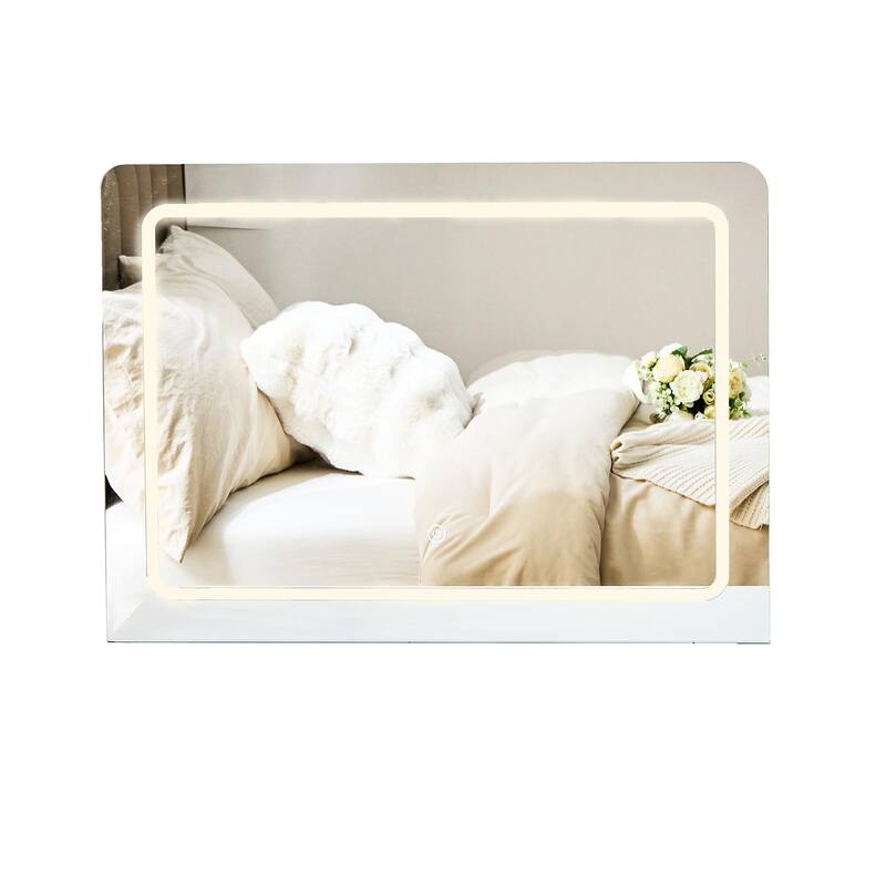 Modern Makeup Vanity Desk with LED Lights & Mirror, Extendable Dressing Table Set with Stool, 4 Drawer & Side Cabinet