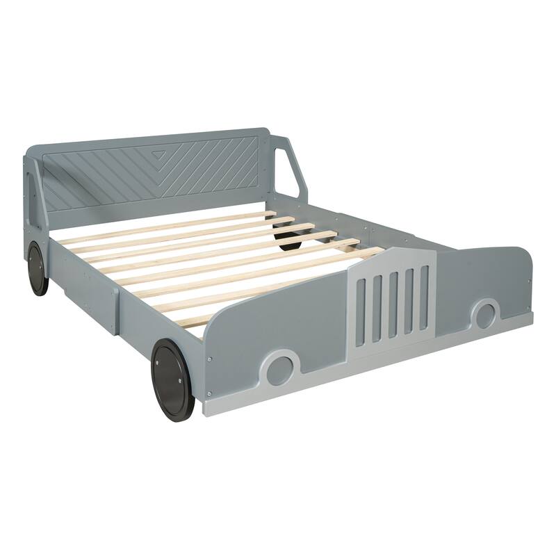 Full Size Car-Shaped Platform Bed with Wheels in Gray, Sturdy and Stylish Design