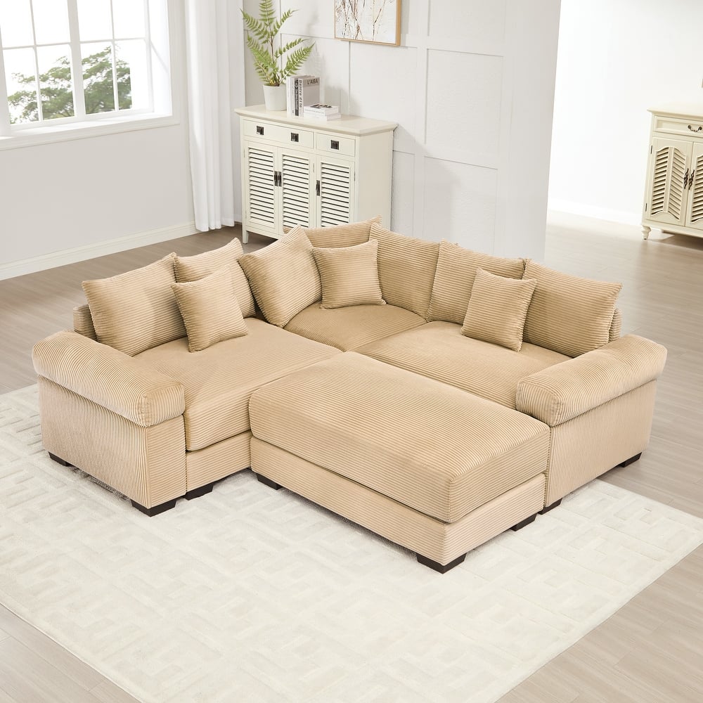 GDFStudio - Corduroy 3-Seater 79.1" Cloud Modular Sectional Couch with Ottoman