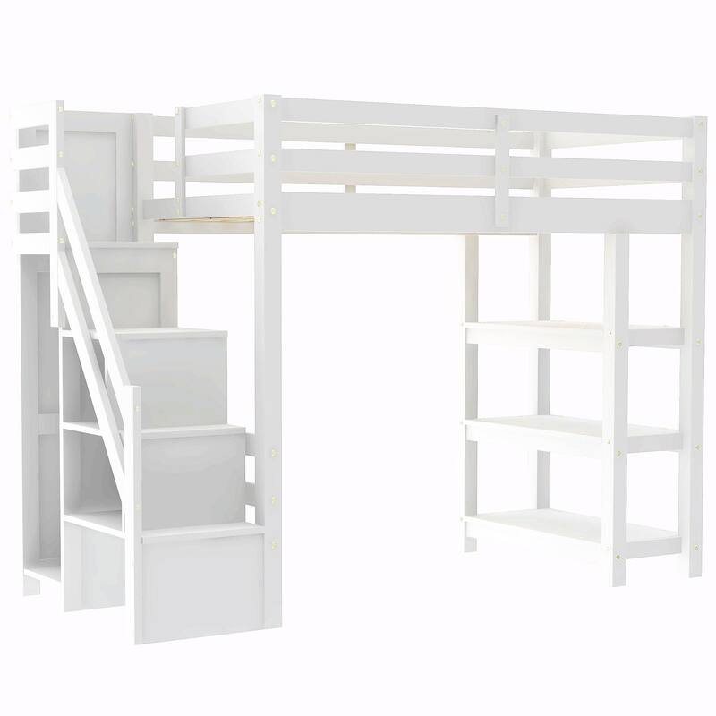 Loft Bed with Shelves, Storage Staircase, Small Wardrobe & White LED Light