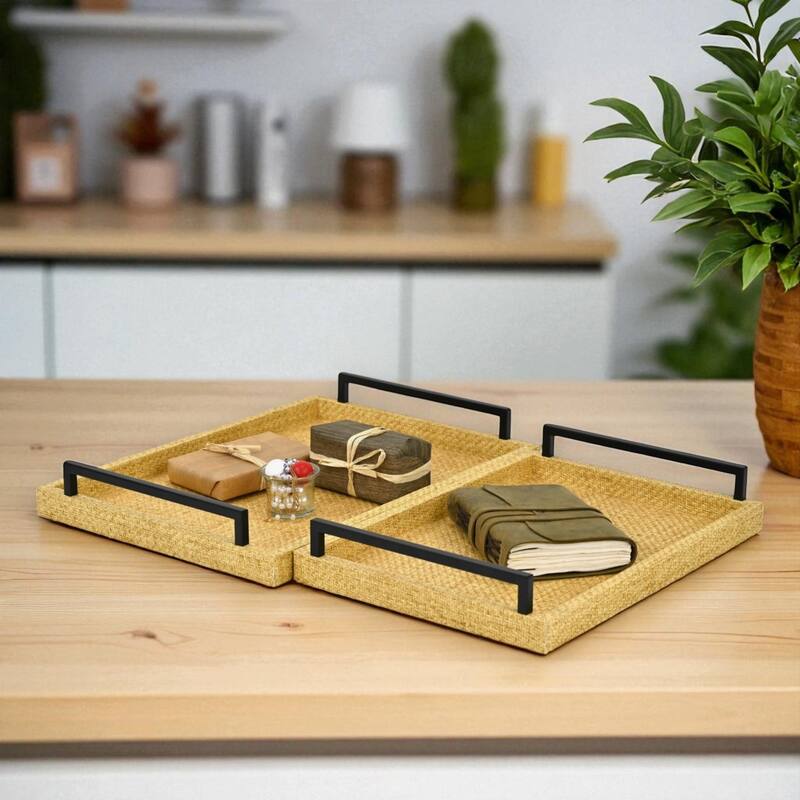 Ferelith Set of 2 Rectangular Decorative Serving Trays - Light Brown Wicker Rattan Pattern for Display, and Organization
