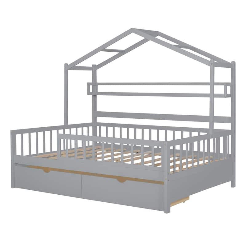 House Bed with 2 Drawers,Kids Bed with Storage Shelf