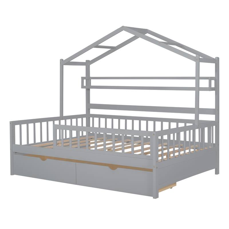 Pine House Bed with Drawers, Shelf & Guardrail
