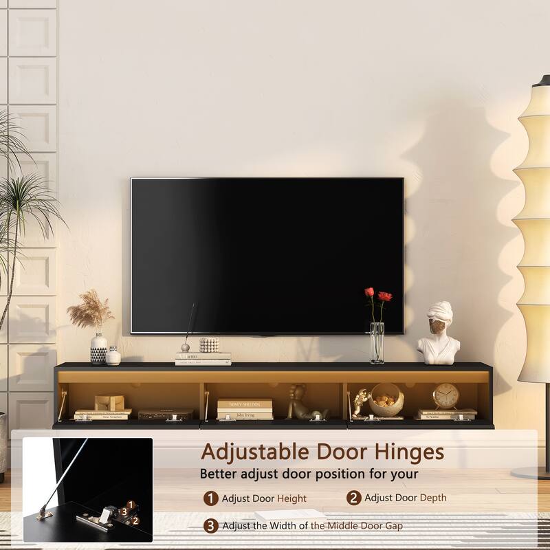 Floating TV Stand, Wall Mounted TV Shelf with LED Lights & Power Outlet, High Gloss TV Cabinet for Black TV Stands.