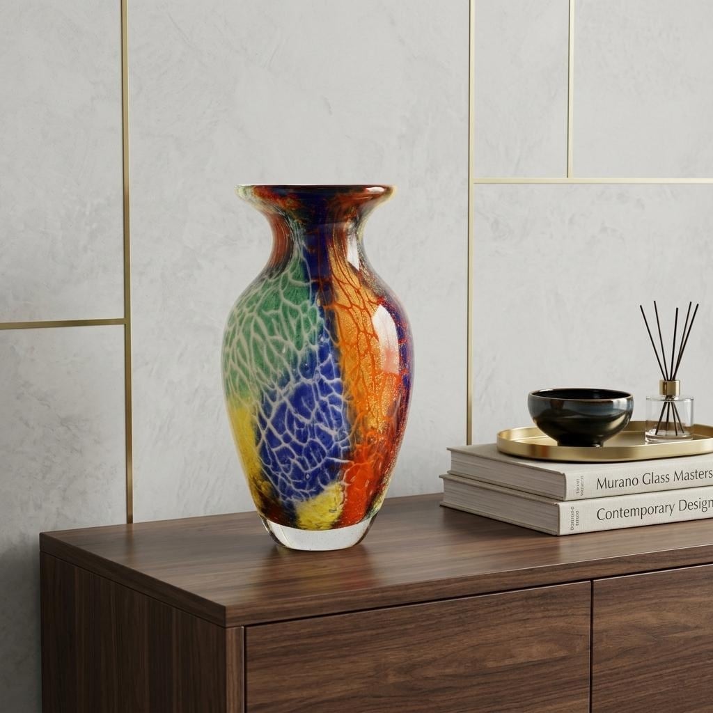 11" Blue Green And Orange Urn Murano Glass Table Vase - 6.00