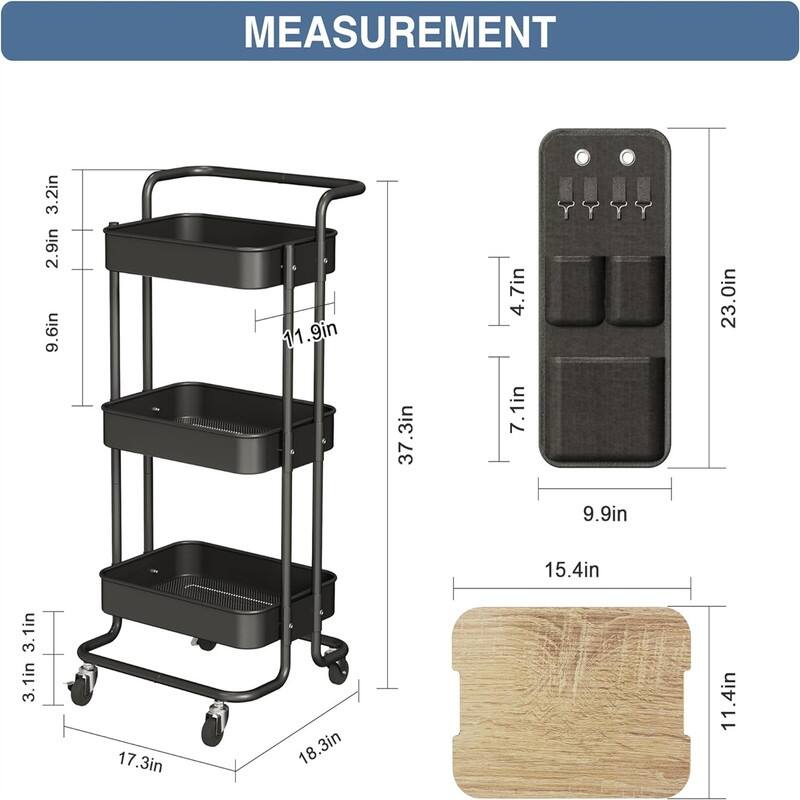 3 Tier Metal Utility Rolling Cart with Table Top and Side Bags - 17.3"D x 18.3"W x 37.3"H