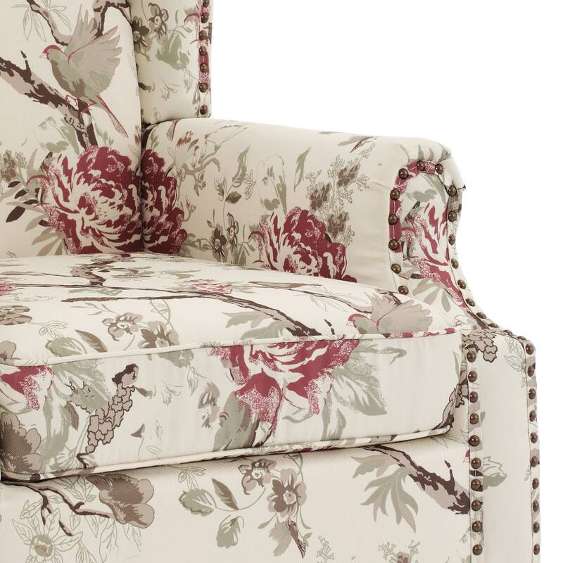 Traditional Floral Patterned Wingback Armchair with Nailhead Trim