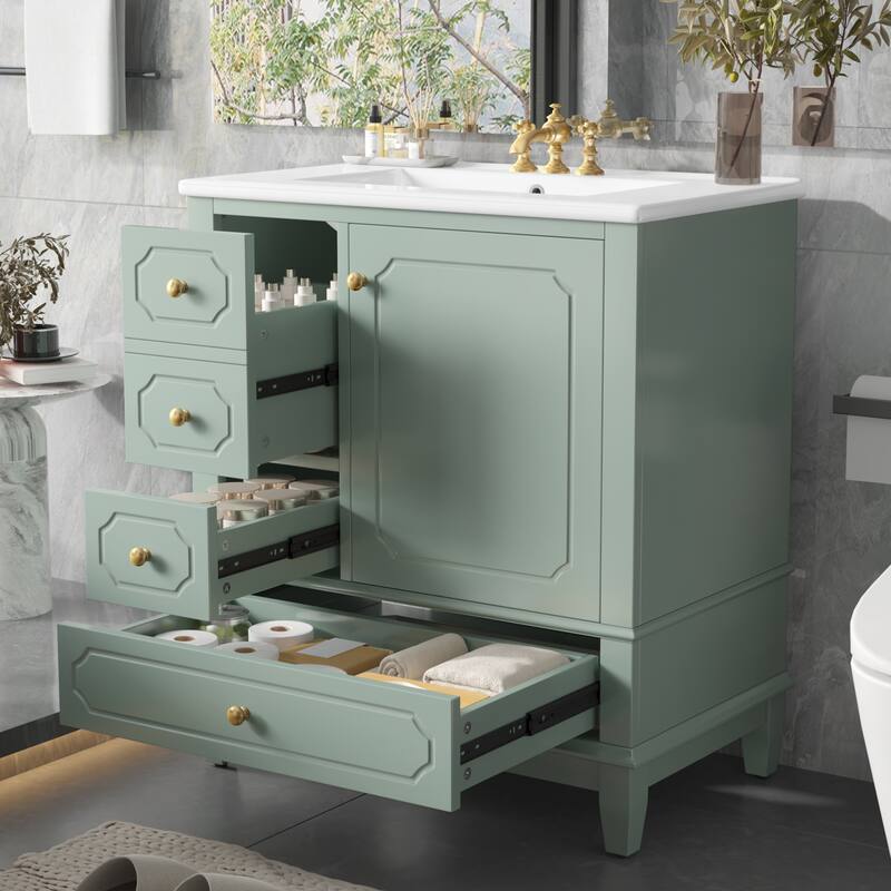 30" White Bathroom Vanity Set - Ceramic Sink Cabinet with 3 Drawers, Solid Wood Frame & Soft-Close Doors