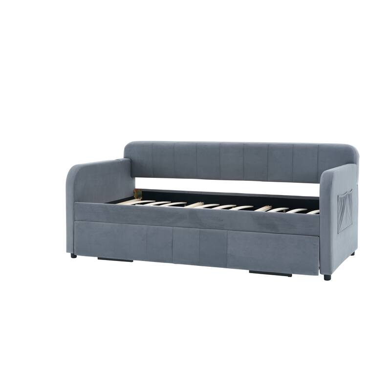 Twin Size Velvet Upholstered Daybed, Wood Sofa Bed Frame Daybed Couch with Trundle Bed and Wood Slat