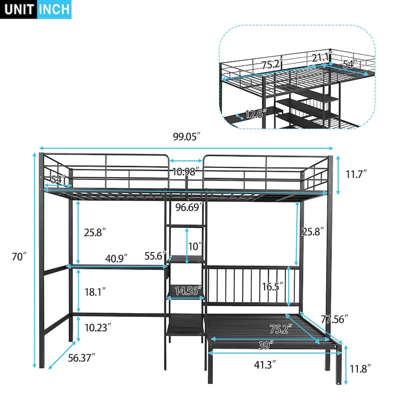 Full Over Twin Bunk Bed with Built-in Desk & Ladder, Space-Saving Metal Bunk Bed Frame w/Storage Shelves for Kids Teens Bedroom