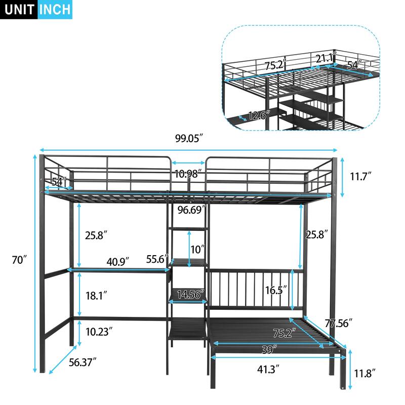 Metal Full Over Twin Bunk Bed with Built-in Desk