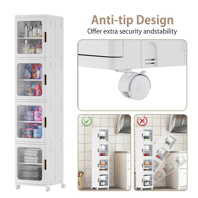 VECELO 65.4" Tall Narrow Storage Bins with Wheels Adjustable Shelves 4-Tier White Plastic Organizer for Bathroom Living Room