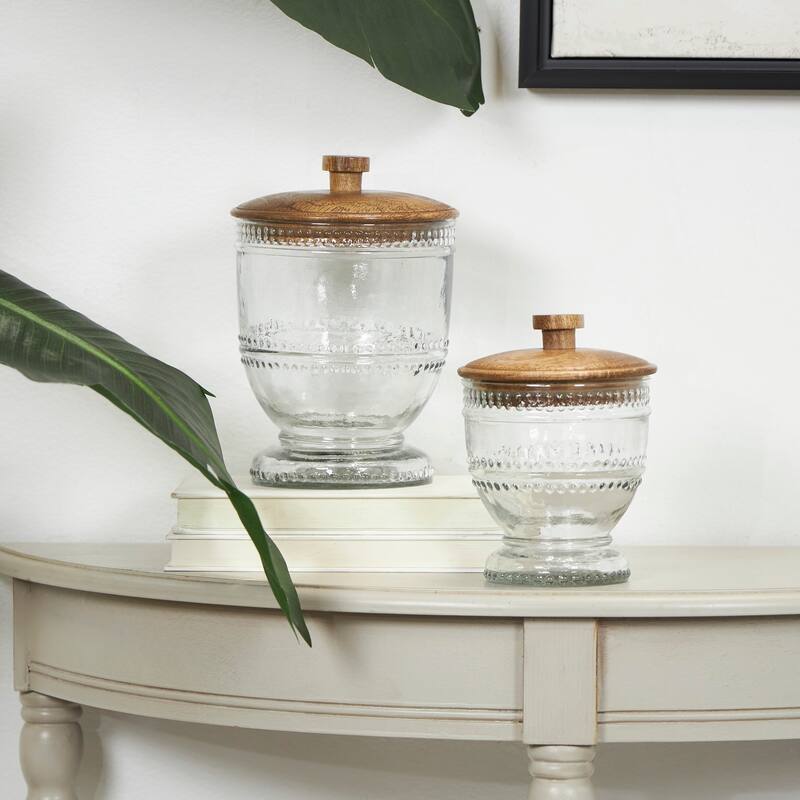 Clear Glass Beaded Living Room Decorative Jars with Wood Lids (Set of 2)