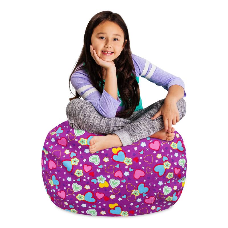 Kids' Stuffed Animal Storage Bean Bag Chair Cover or Toy Organizer - 27 Inches Medium - Canvas Multi-Colored Hearts on Purple