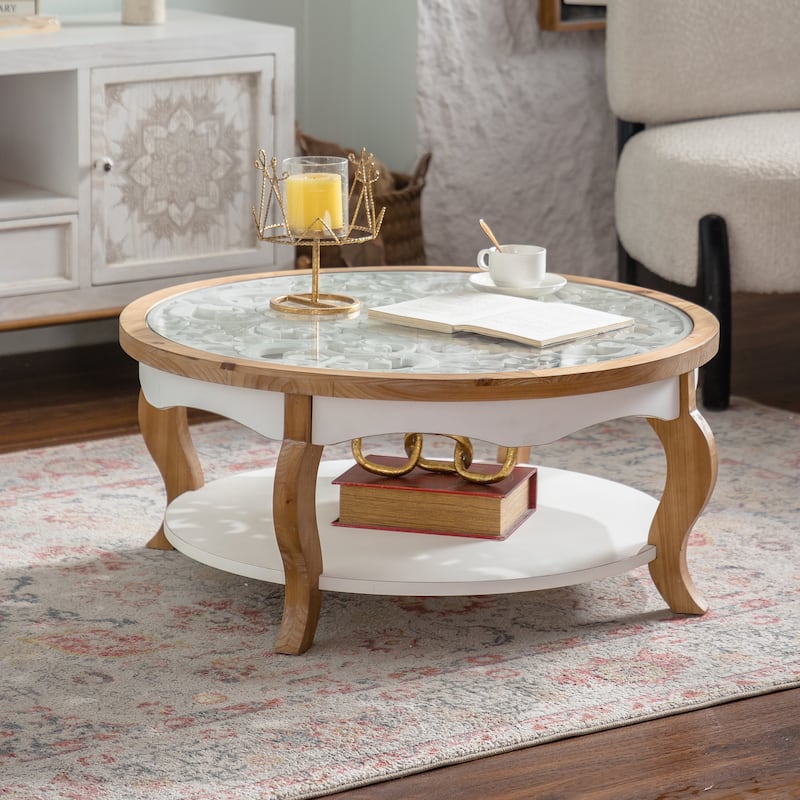 GDFStudio - Farmhouse Round Coffee Table with Tempered Glass Top and 2-Tier Open Storage