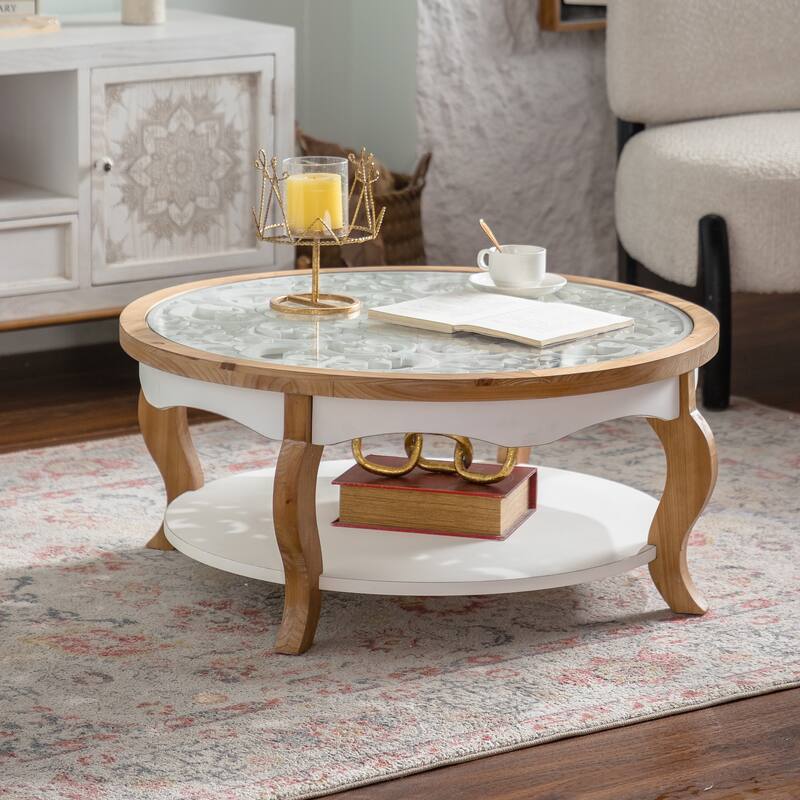 Round Wood Coffee Table with Glass Top, Solid Wooden Circle Center Table with Curved Legs & Removeable Tempered Glass top