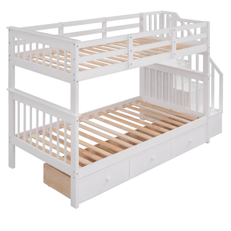 Multi-Functional Twin Over Twin Bunk Bed with 3 Drawers, Storage Stairs, Armrest and Full-Length Guardrails for Kids