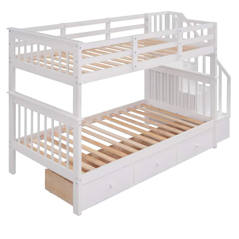 Stairway Twin-Over-Twin Bunk Bed with Three Drawers for Bedroom, Dorm - White