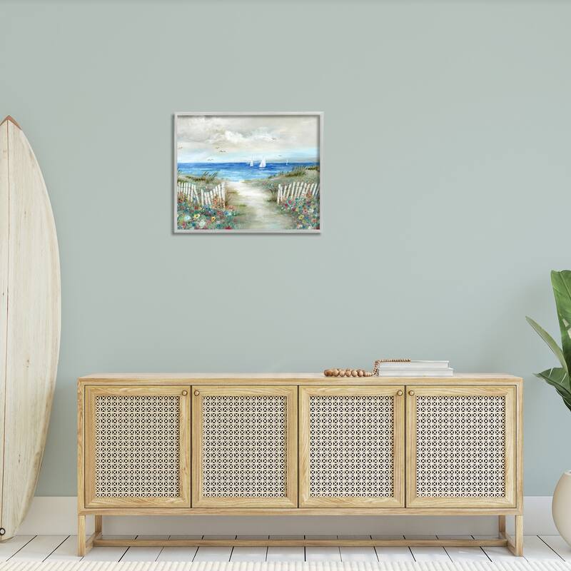 Stupell Gorgeous Beach Scene Poppies Blooming White Fence Ocean Framed Wall Art - Blue