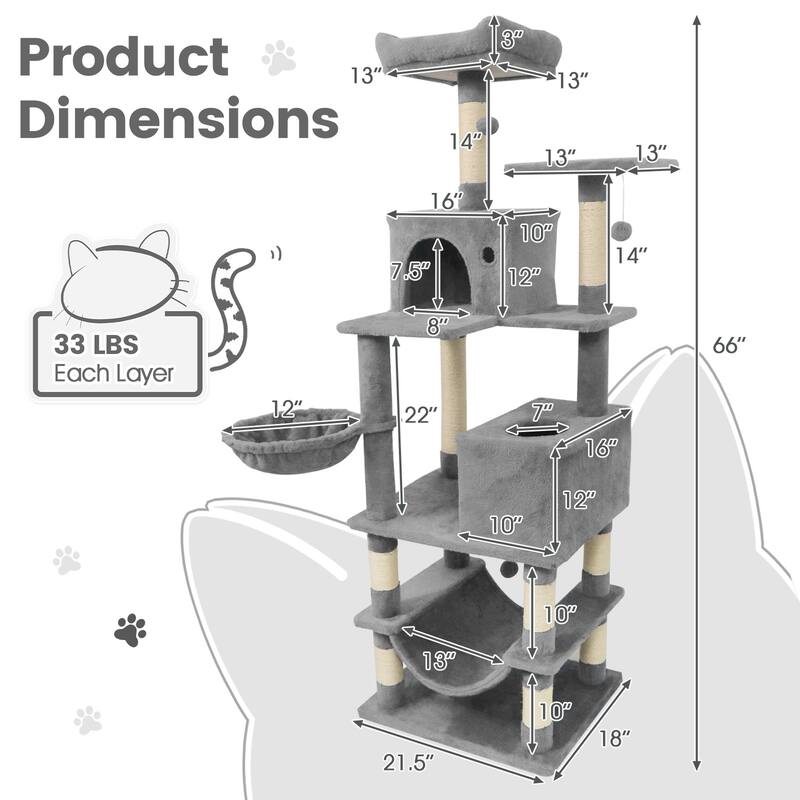 Gymax 66'' Tall Cat Tree w/2 Condos Sisal Scratching Posts Plush Perch