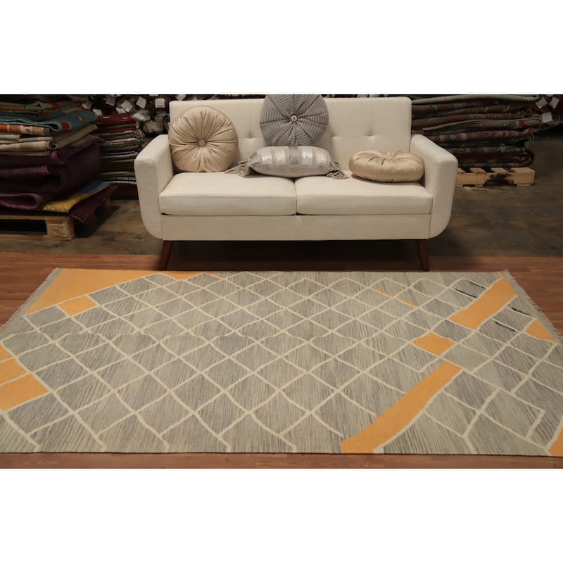 Hand Woven Oriental 100% Wool Carpet Southwestern Tribal Greys & Charcoal Kilim Area Rug - 7' 10'' X 5' 0''