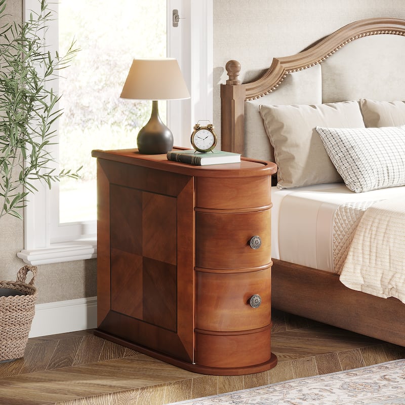 Brown Oak Wooden Side Table with 2 Storage Sliding Drawers for Living Room or Bedroom - 10.83”L x 23.62”W x 23.62”H
