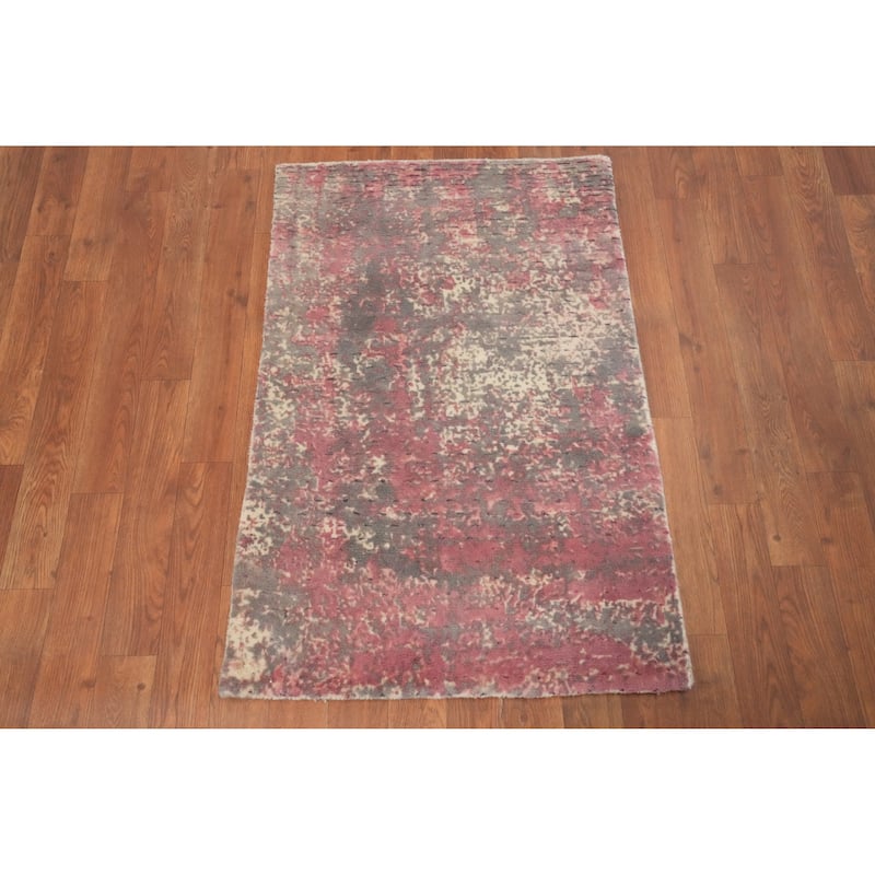 Hand Knotted Oriental Viscose Silk Carpet Modern All-Over Pink Abstract Area Rug - 3' 0'' X 2' 0''