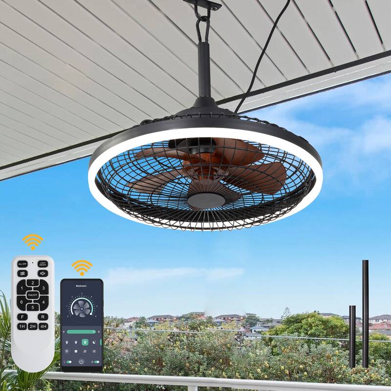 Cusp Barn 20 Inch Outdoor Indoor Ceiling Fan with Lights and APP, Modern Caged Plug In Smart Black Gazebo Ceiling Fan for Patios - Black