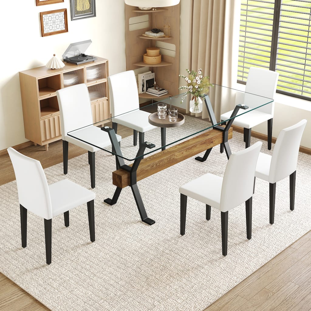 79" Glass Dining Table Set for 6, Modern Tempered Glass Table with 6 Upholstered Chairs, Kitchen Table and Chairs for 6