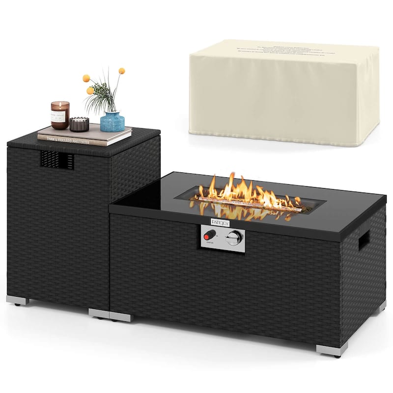 Costway 2 PCS Outdoor Rattan Fire Table Set with Tank Cover Tempered - See Details - Black