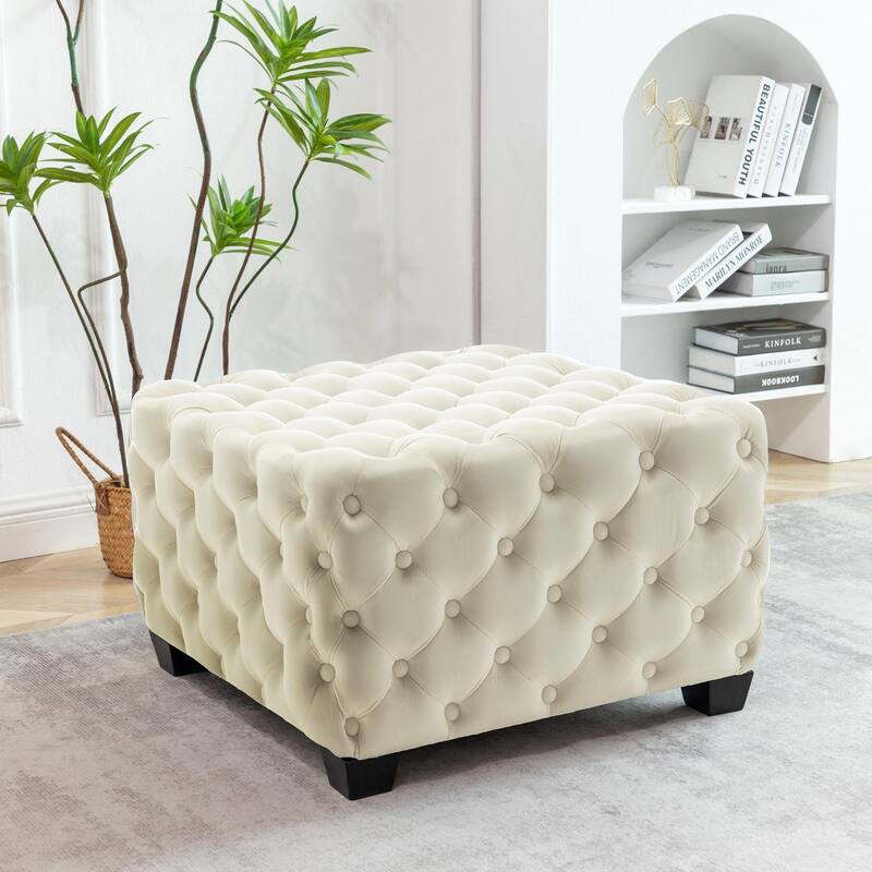 Porthos Home Emmi Velvet Button Tufted Square Ottoman with Rubberwood Legs