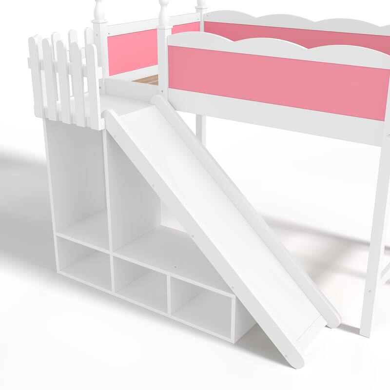 Twin Loft Bed with Storage Shelves and Wardrobe, Solid Wood Loft Beds with Detachable Slide and Ladders, No Spring Box Needed